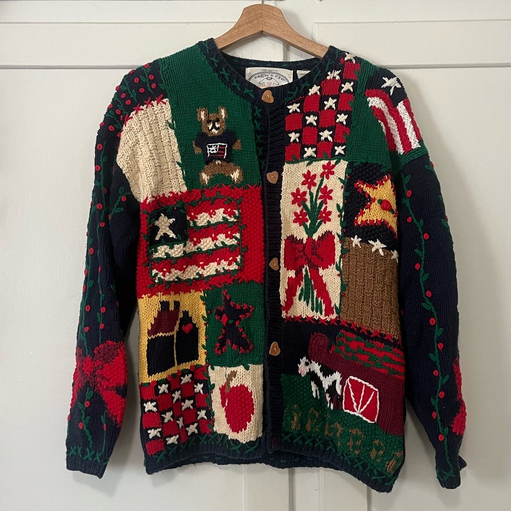 Vintage 1995 Eagle’s Eye Hand Knit Americana Novelty Cardigan Bear Flag Stars S